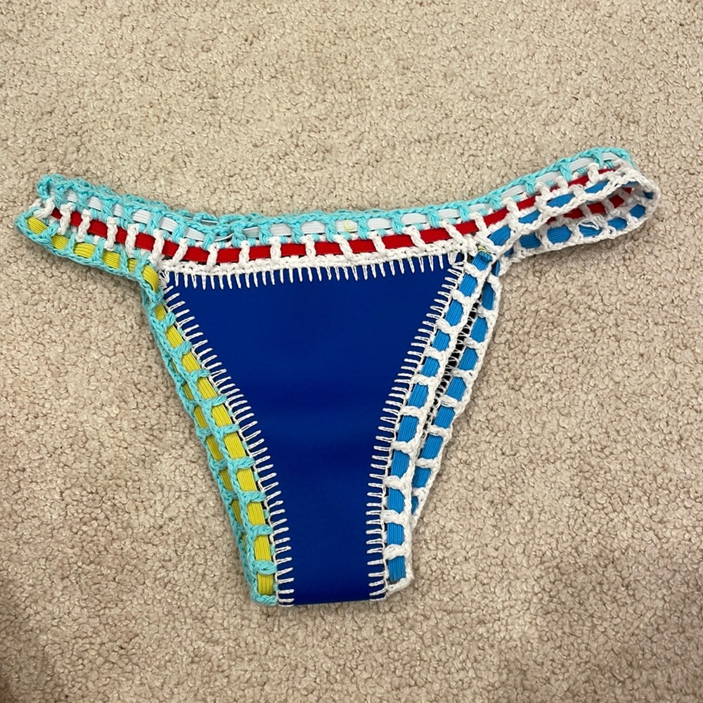 Hand Crochet Bikini Bottoms Size Small Reversible Blue and Black